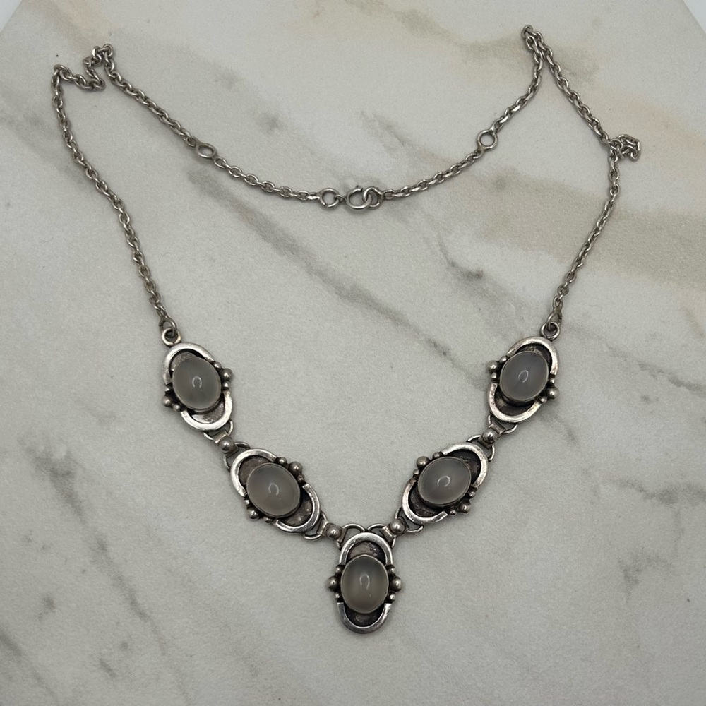 Vintage Sterling Silver Bib Necklace With Grey Stones